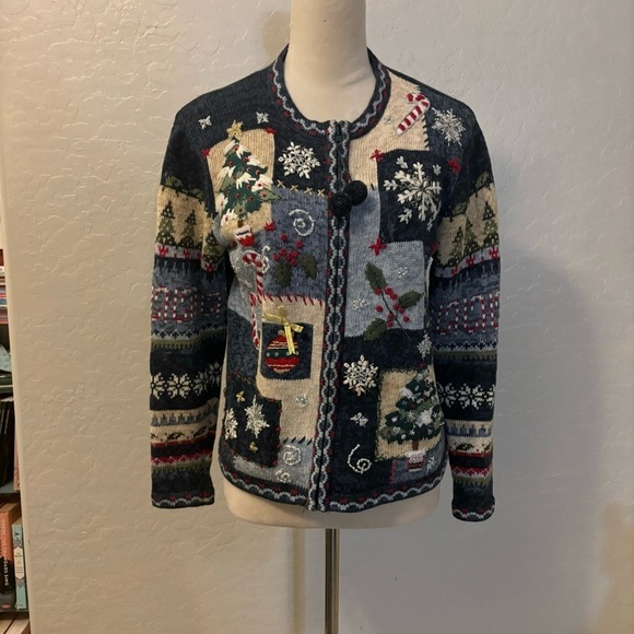 Vintage Tiara Blue Holiday Christmas Patchwork Pom Pom Tassel Cardigan Sweater - Picture 4 of 11